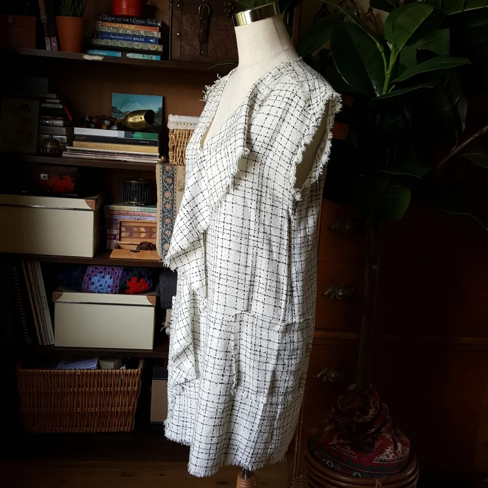 Zara Tweed Asymmetric Ruffle Dress V Neck Pockets - Picture 3 of 9